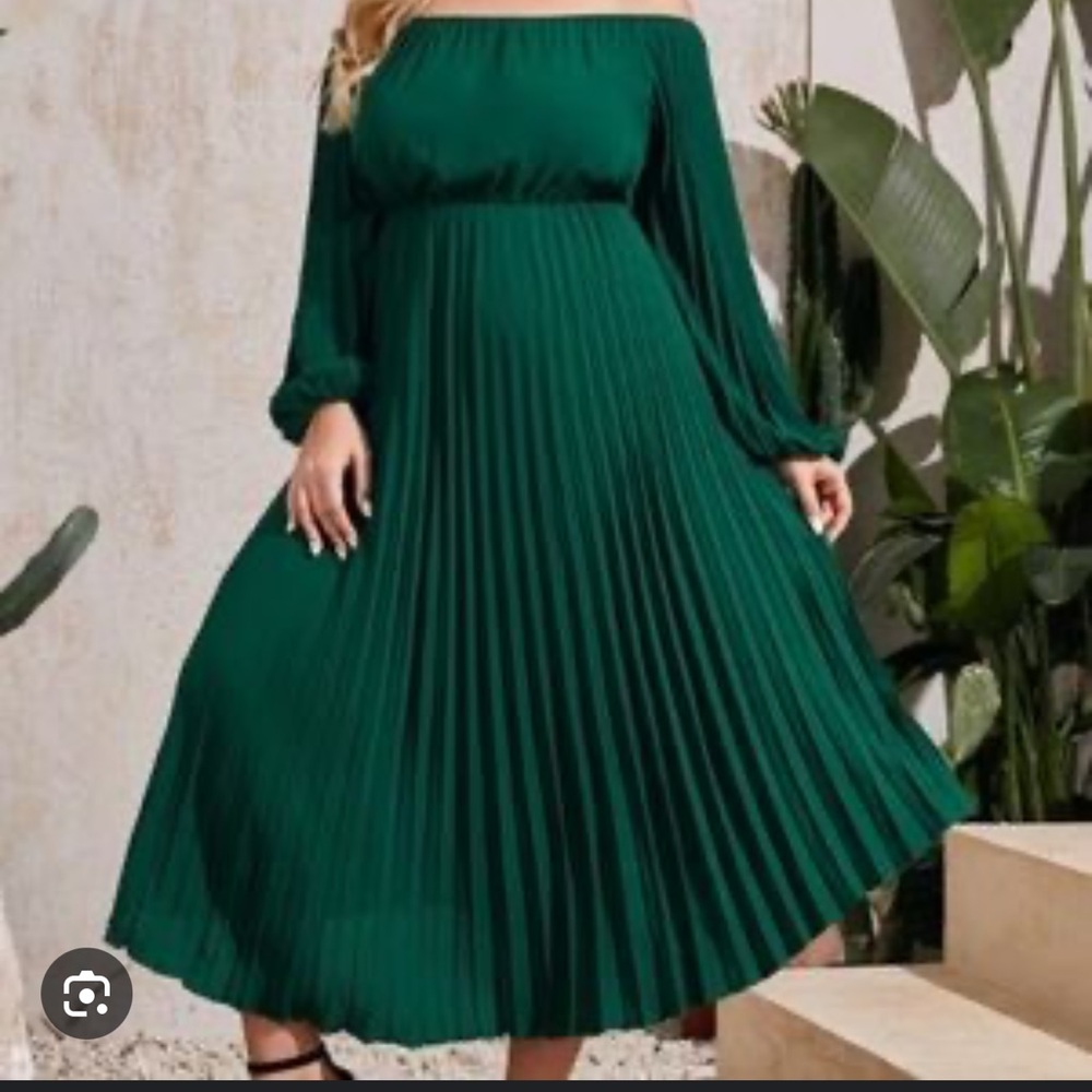 SHEIN off the shoulder pleated green lantern dress
